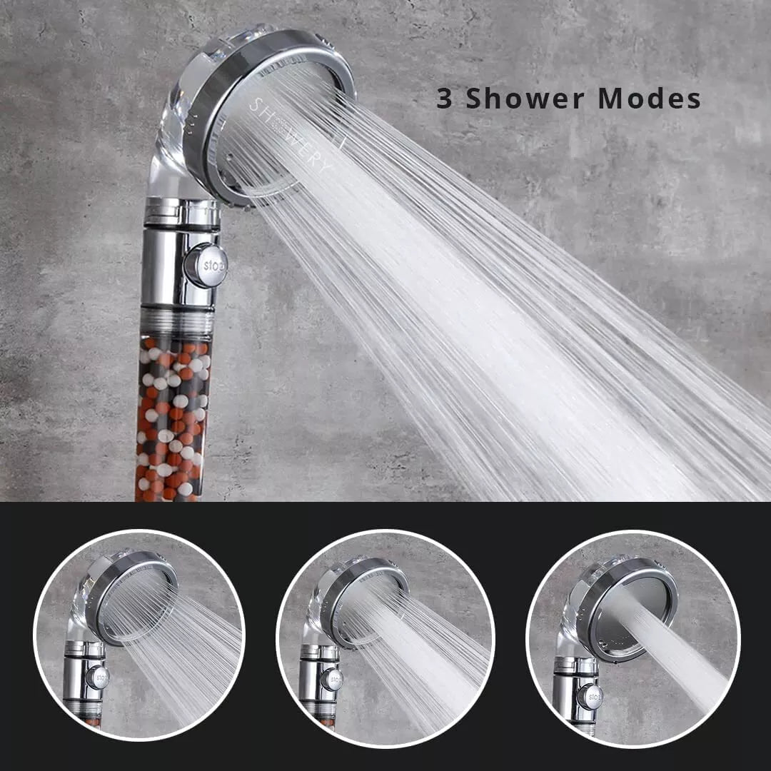 High-pressure handheld shower head with filter and 3 spray modes for customizable water flow and improved skin and hair care