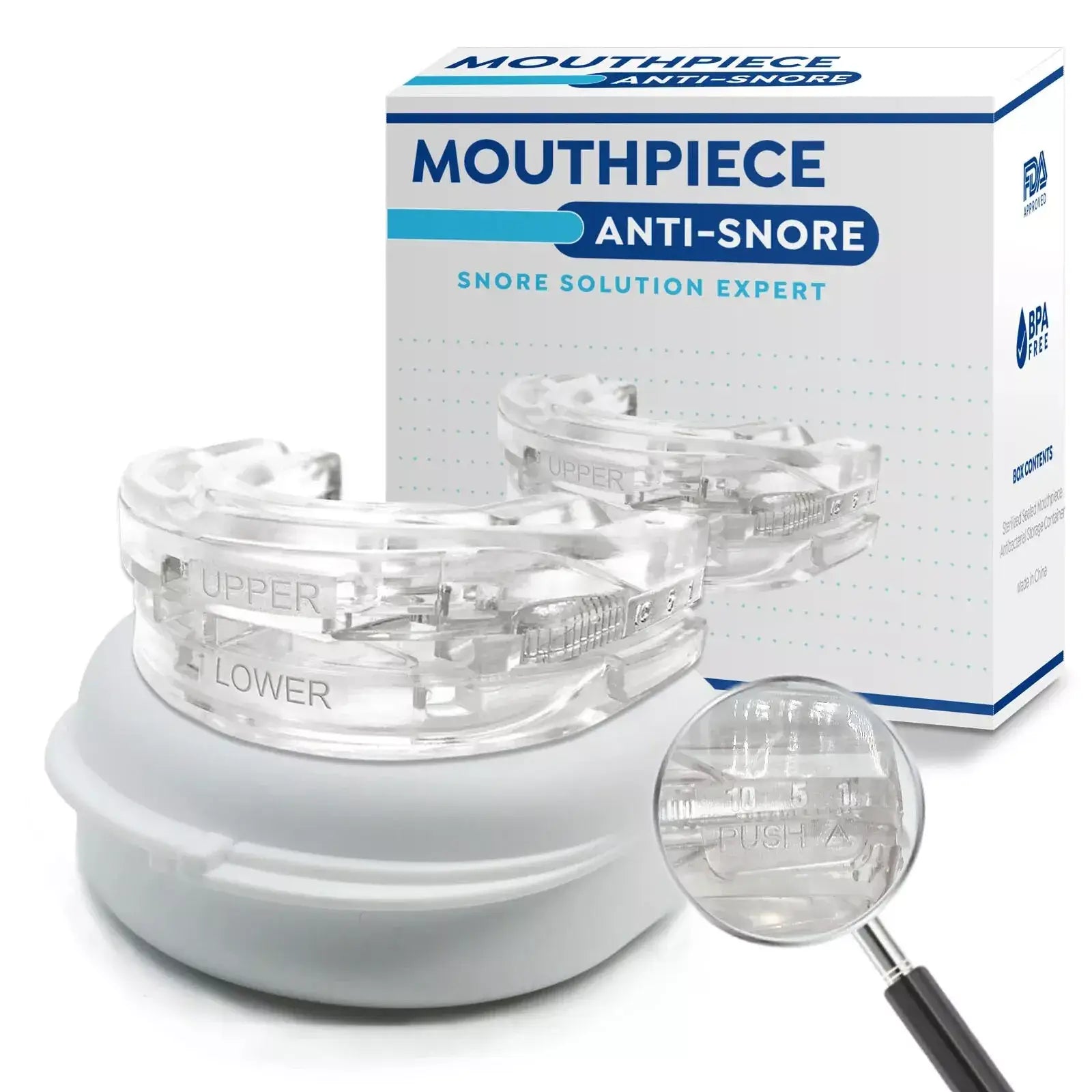 Snoring mouth guard set with transparent molds placed in a round storage case, shown next to its blue and white packaging. A magnifying glass highlights the detail of the mouth guard's anti-snoring design for improved breathing during sleep.