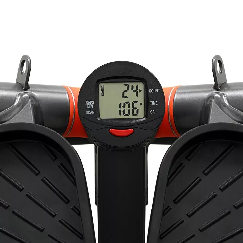 Close-up of step machine digital display, showing workout metrics such as step count, time, and calories burned for effective cardio tracking.
