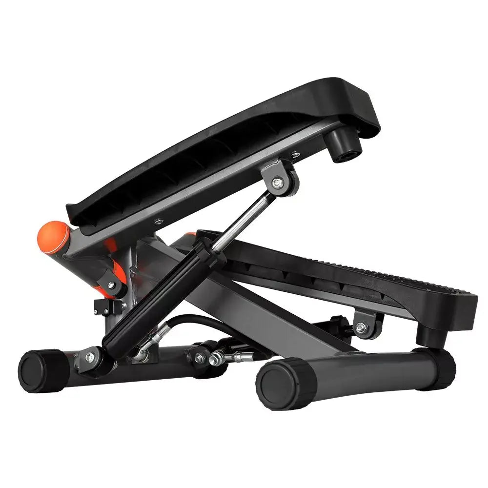 Black step machine with hydraulic resistance, designed for low-impact cardio workouts and lower body toning at home.