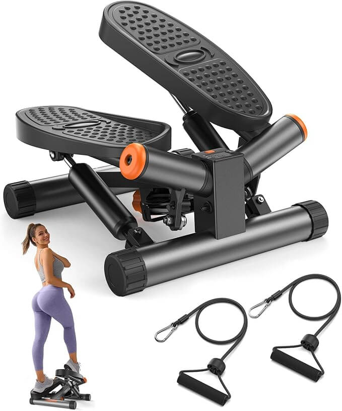 Black step machine with resistance bands, designed for a full-body workout, improving cardio endurance and muscle toning at home.