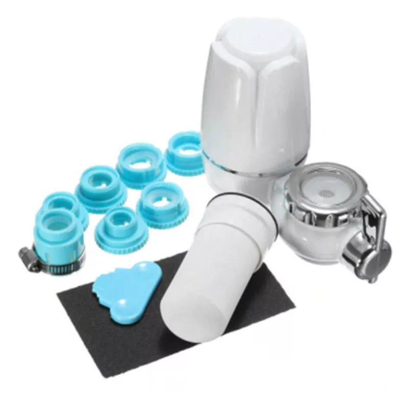 Faucet water filter set with multiple adapters, replacement cartridge, and installation tools for universal tap compatibility