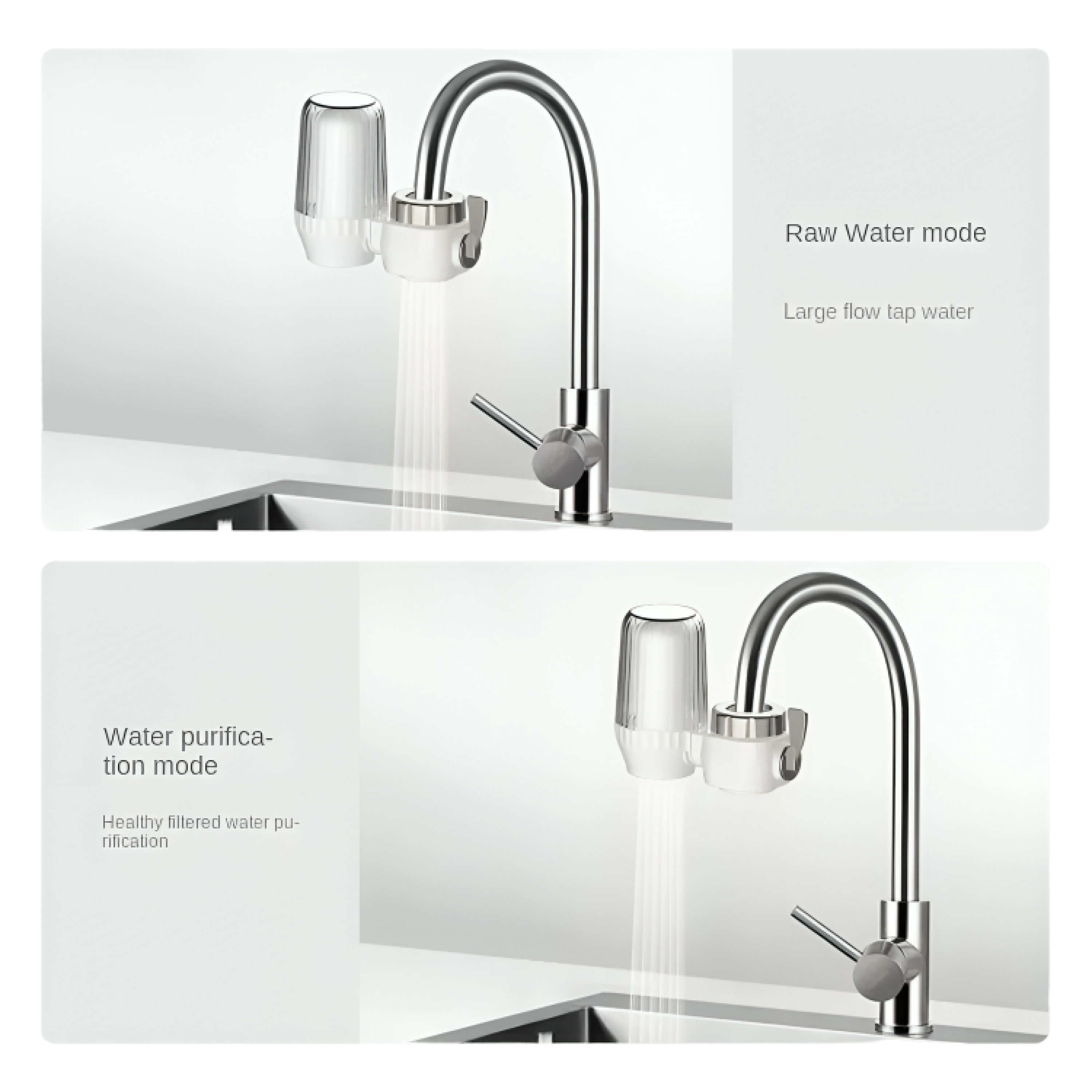 Side-by-side comparison of faucet with and without water filter attachment showing water clarity improvement and easy installation
