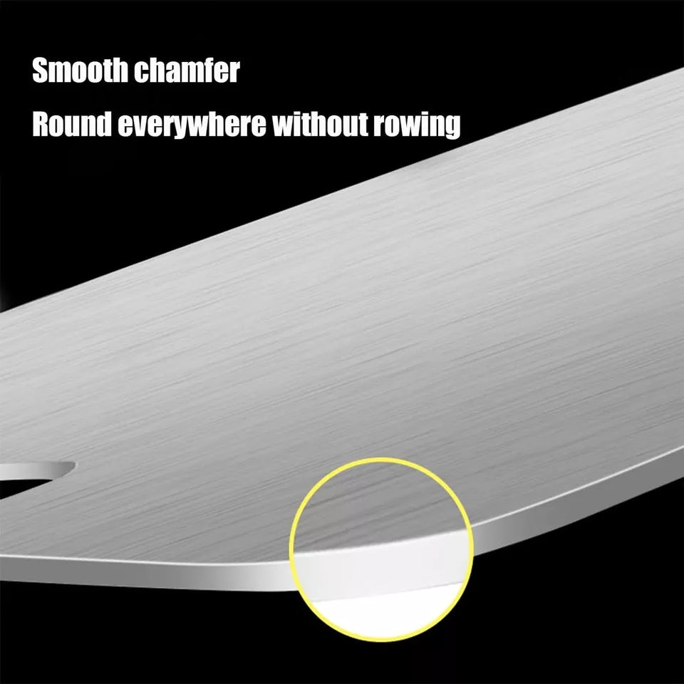 Close-up of a Titanium Cutting Board with a magnified view of its smooth, non-porous surface. Text highlights 'smooth cleaning' and 'hassle-free sanitation without residue' on a sleek black background.