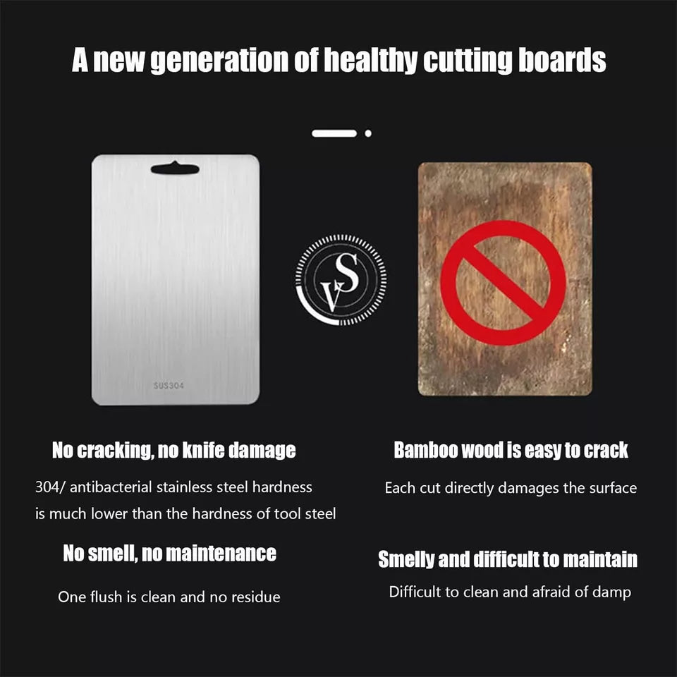 Comparison chart showing a Titanium Cutting Board versus a traditional wooden cutting board. The titanium board is labeled as hygienic, rust-resistant, and easy to clean, while the wooden board is marked with drawbacks like mold and odor retention.