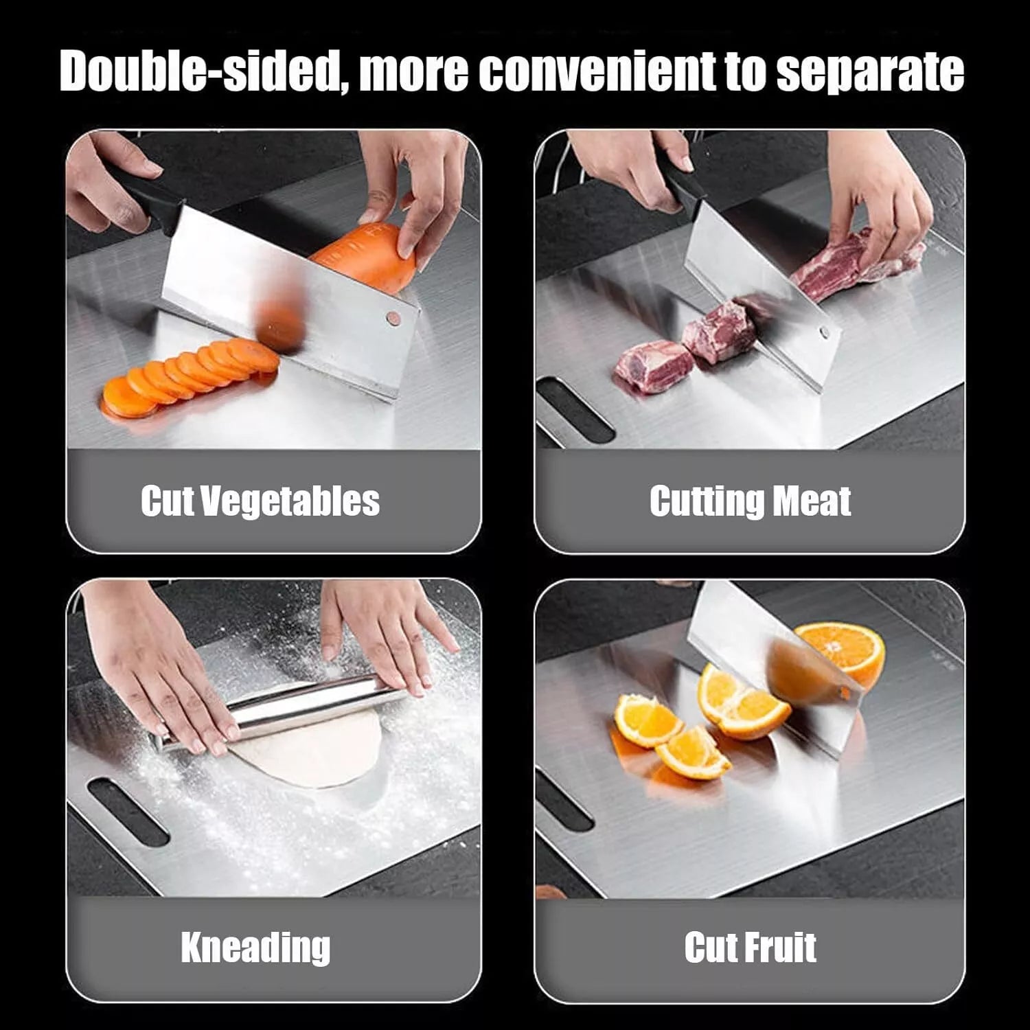 Four-panel image showing different uses of a Titanium Cutting Board: defrosting frozen food, slicing meat, rinsing under water, and cutting vegetables. Text emphasizes its multifunctional design and easy maintenance