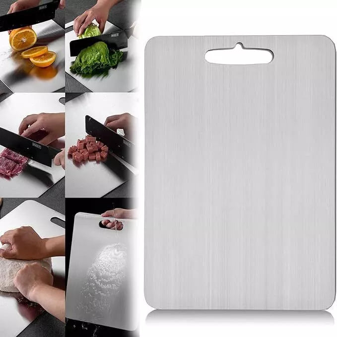 Titanium Cutting Board displayed next to a collage of cooking scenes, showing it in use for slicing meat, vegetables, and preparing meals. Highlights its versatility and premium quality for everyday kitchen tasks.