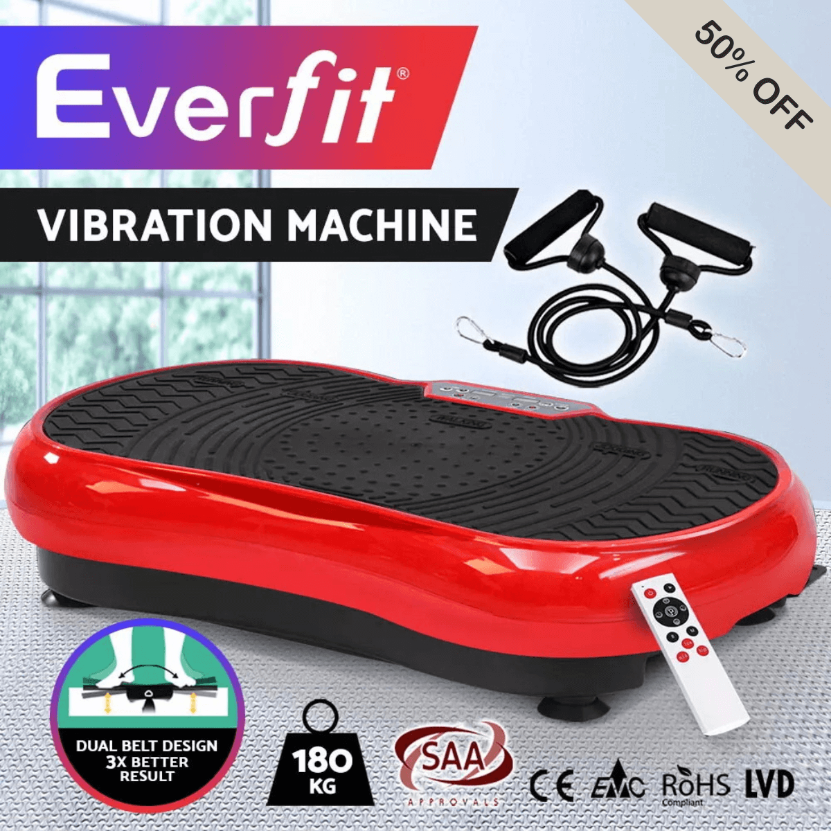 Everfit vibration machine in red with resistance bands, designed for full-body workouts, improving circulation, muscle toning, and fitness at home