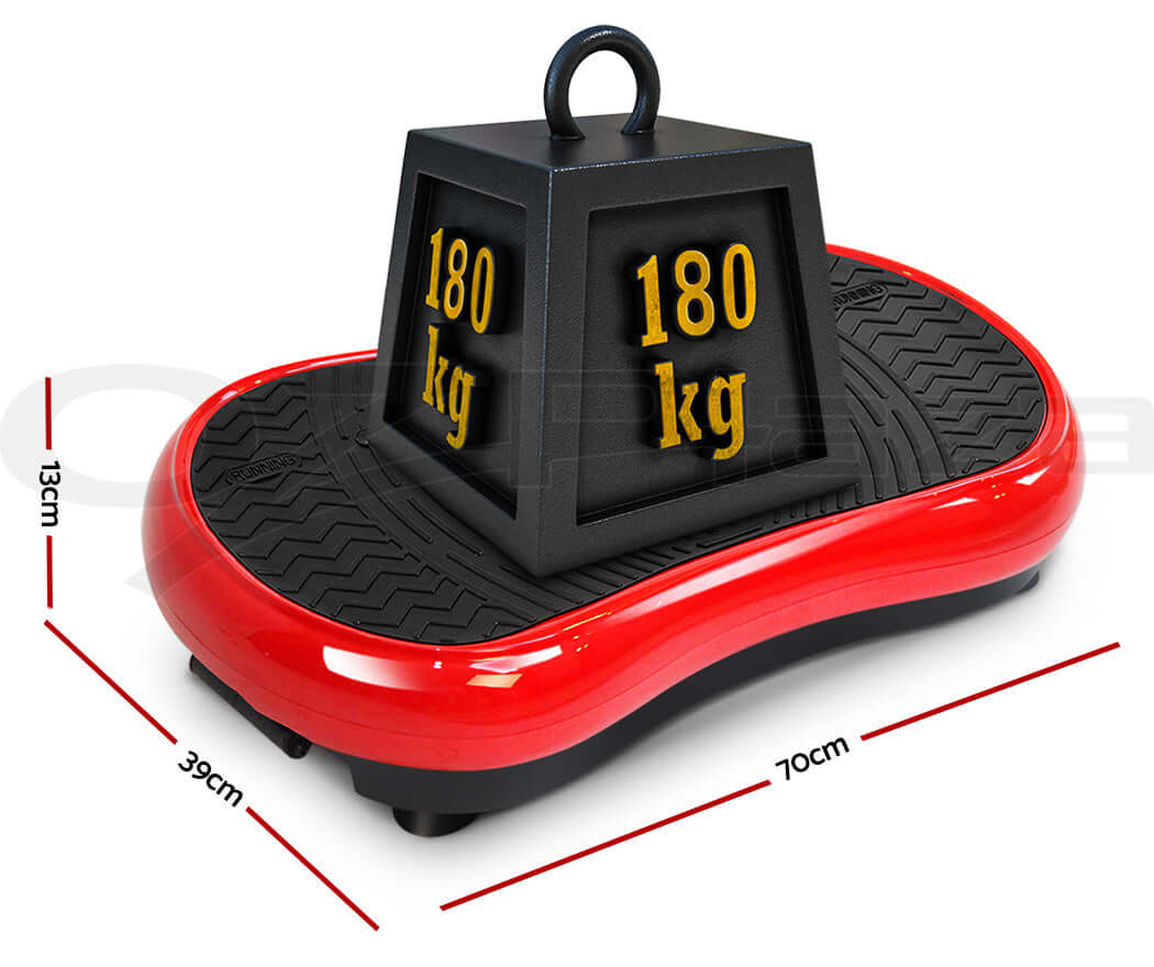 Red vibration machine with labeled dimensions, demonstrating its sturdy design and weight capacity for effective home fitness and muscle toning