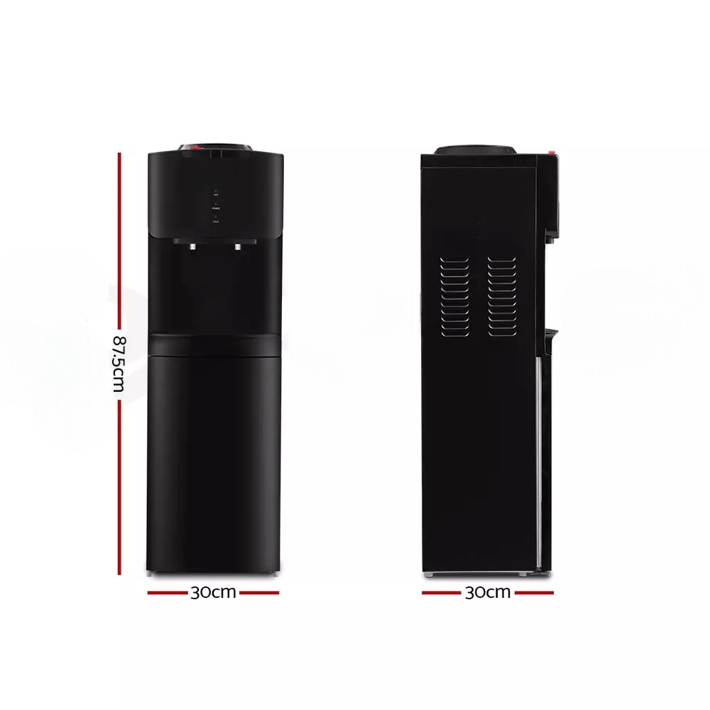 Side-by-side front and side view of a black water dispenser, showcasing its sleek and modern design for efficient water dispensing