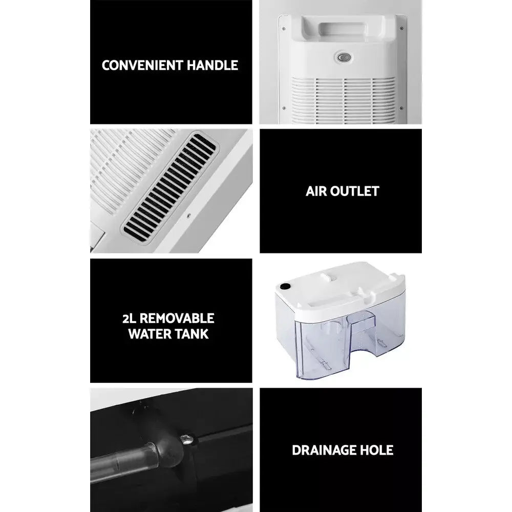 Collage of dehumidifier features including a removable filter, LED display, water tank, and ergonomic handle for easy operation.