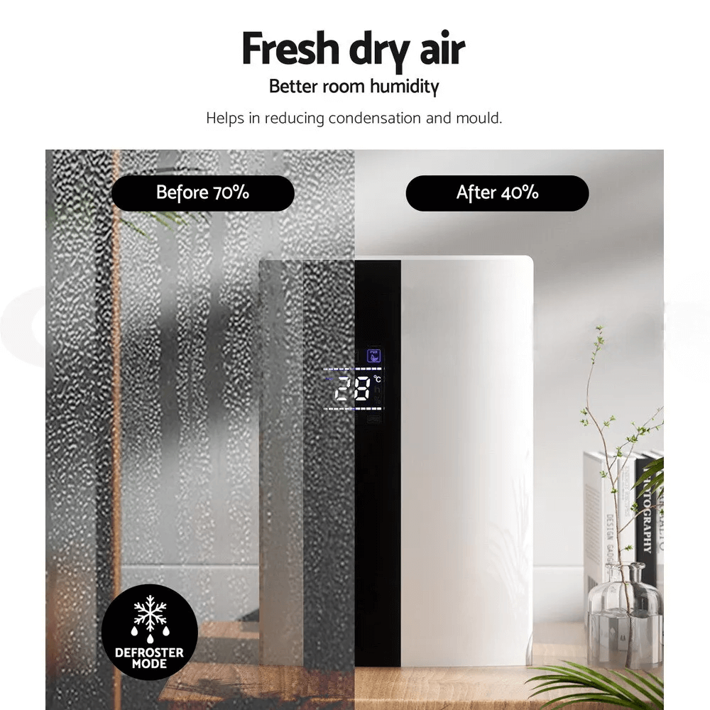 Black and white dehumidifiers placed in a bright indoor setting, promoting fresh and dry air for a healthier living environment.