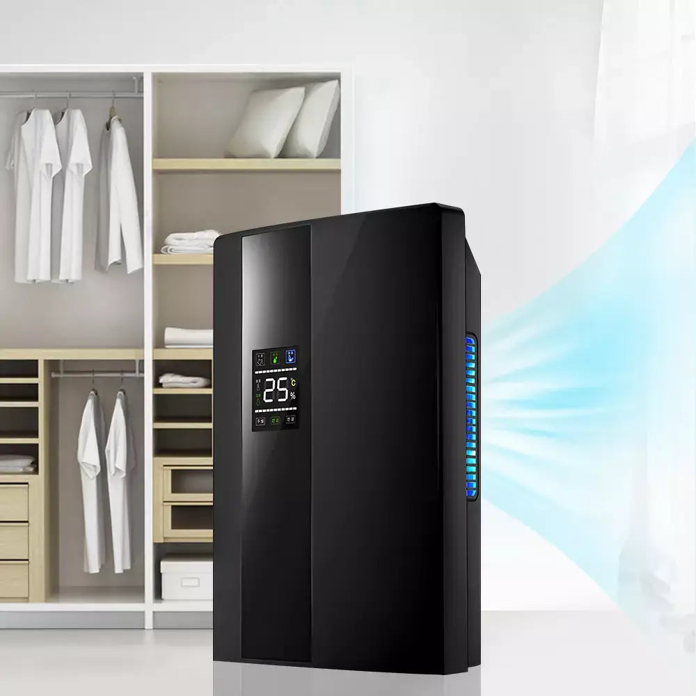 Sleek black dehumidifier in a modern indoor setting, releasing purified air to improve air quality and reduce humidity