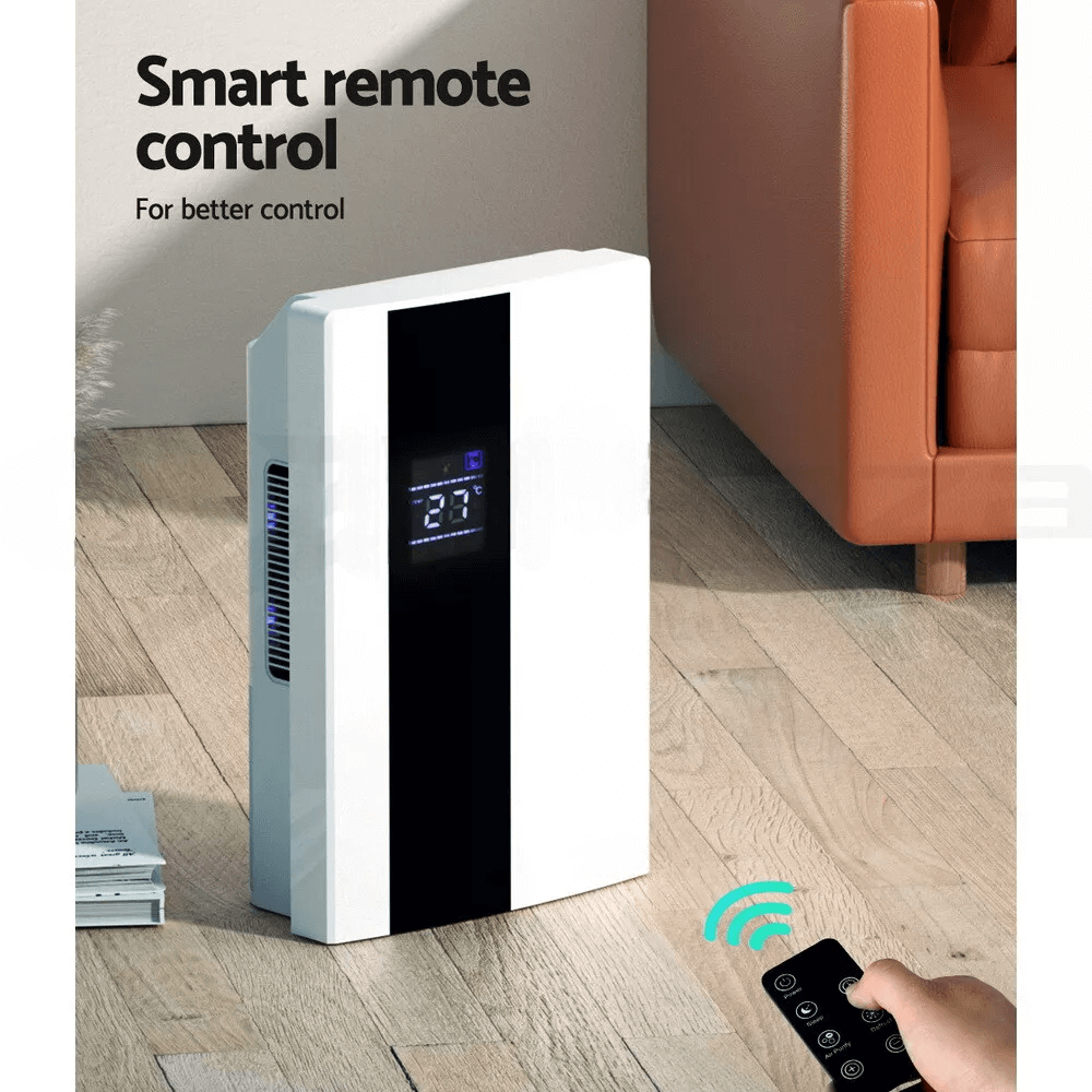 Modern dehumidifier with a smart remote control, allowing convenient operation from a distance in a home setting.
