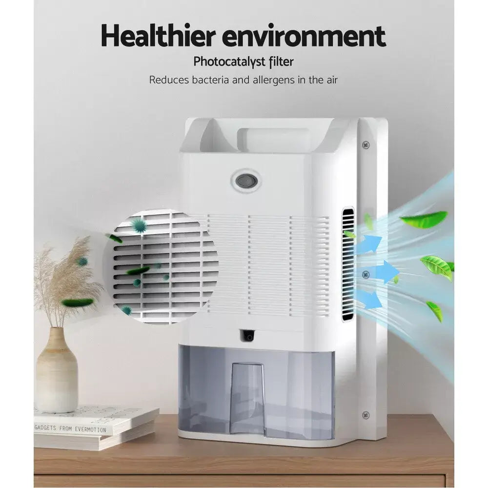 White dehumidifier in a home setting, actively improving air quality by reducing excess moisture for a healthier environment.