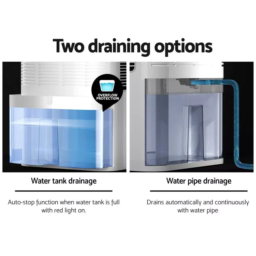 Dehumidifier showcasing two draining options: direct tank collection and continuous drainage via a hose for convenience.