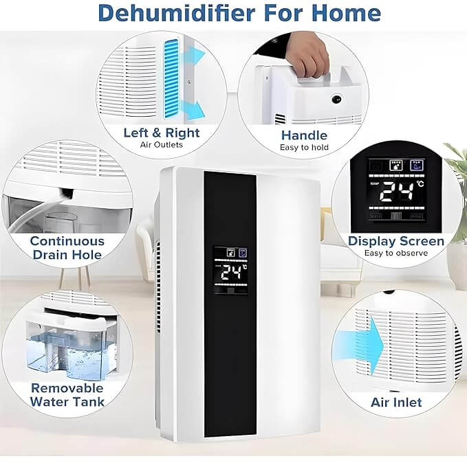 Dehumidifier for home use with various highlighted features, including air purification, humidity control, and sleep mode for comfort.