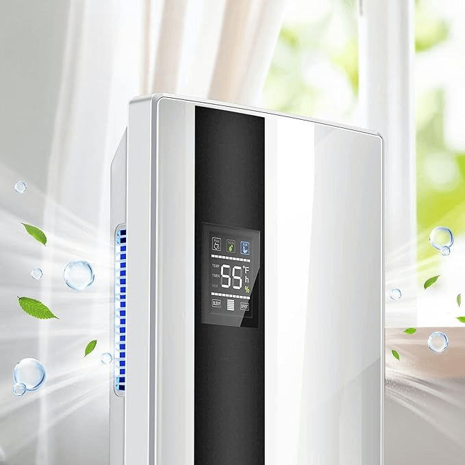 Sleek black and white dehumidifier placed near a window, enhancing indoor air quality by reducing excess moisture.