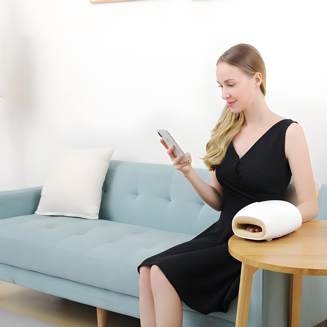 Woman using a cordless hand massager with remote control for convenient at-home wrist and palm pain relief